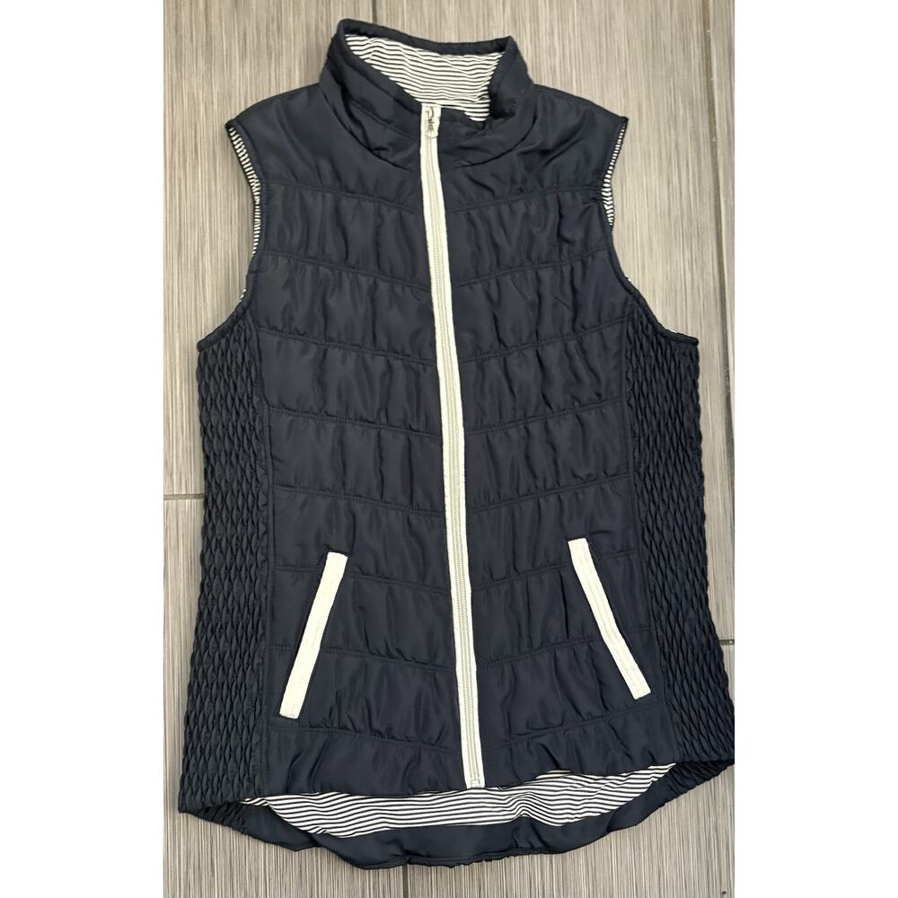 Christopher & Banks High Neck Stretch Full Zip Quilted Striped Vest Navy Small